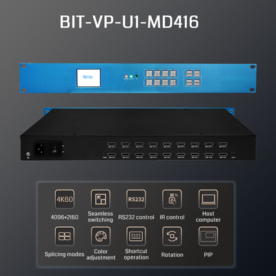 4K60 видеопроцессор   4 входа, 16 выходов для многоэкранного дисплея Профессиональный 4K видеостенный процессор    Бесшовный переключатель и сплайсинг 16-канальный видеопроцессор HDMI    Идеально подходит для команды и контра